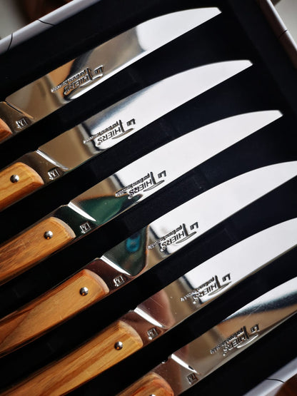 Coffret de 6 Couteaux à steak Le THIERS® en bois d'olivier Fabriqués en France/ Set of 6 olive wood Thiers steak knives Made in France - ALLWENEEDIS