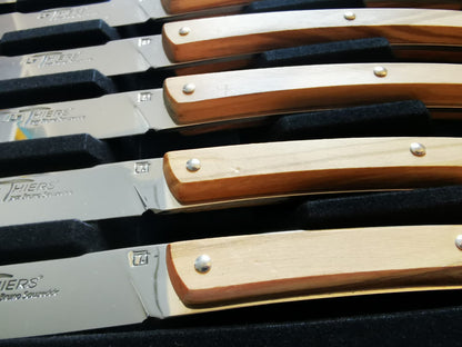 Coffret de 6 Couteaux à steak Le THIERS® en bois d'olivier Fabriqués en France/ Set of 6 olive wood Thiers steak knives Made in France - ALLWENEEDIS